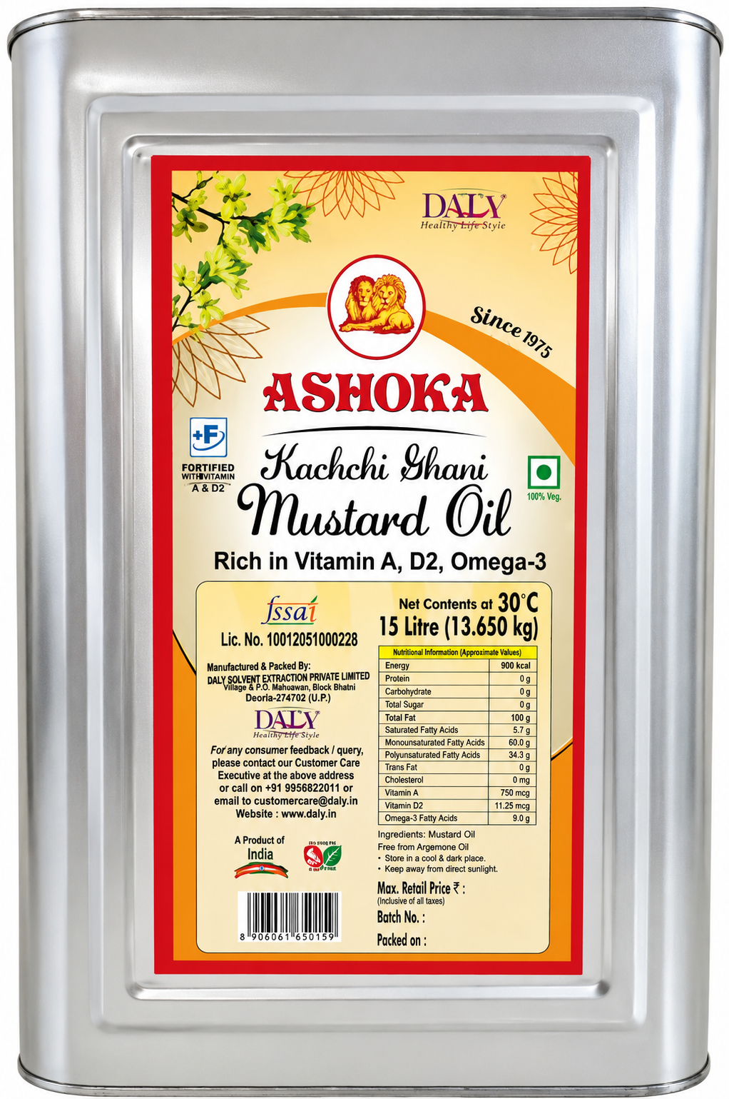 Ashoka Kachi Ghani Mustard Oil TIN, 15litre