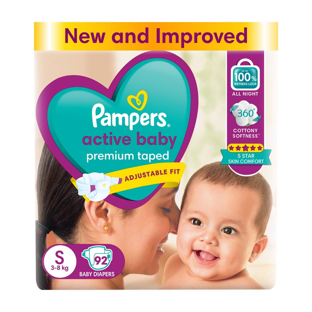 Pampers Active Baby Taped Diapers, Small size diapers, (S) 92 count, taped style custom fit – image 1