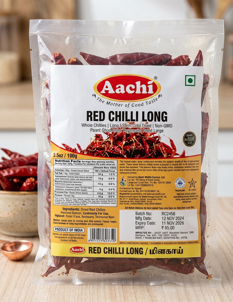 Aachi Red Chilli Long (Stem Cut) 100g