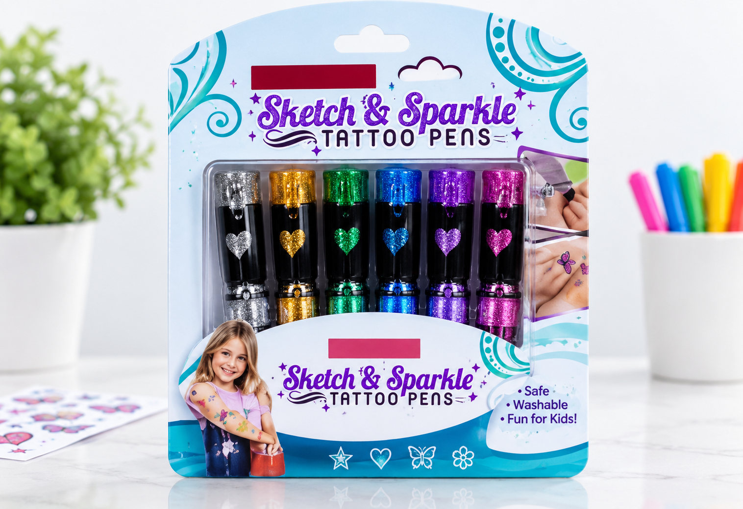  New Pinch Glitter Tattoo Pens for Kids 6 Colors