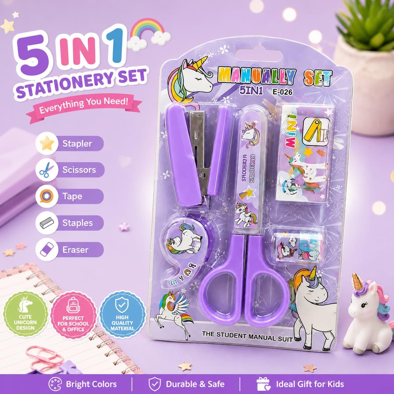 5 in 1 Stationery Set | Mini Stapler Scissors Tape Dispenser Eraser & Staples | – image 7