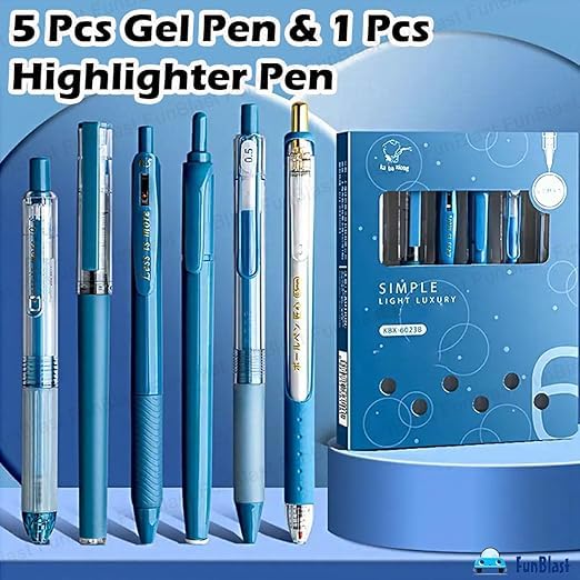 6-in-1 Aesthetic Pastel Gel Pen Set: 5 Blue Roller Gel Pens + 1 Highlighter – image 1