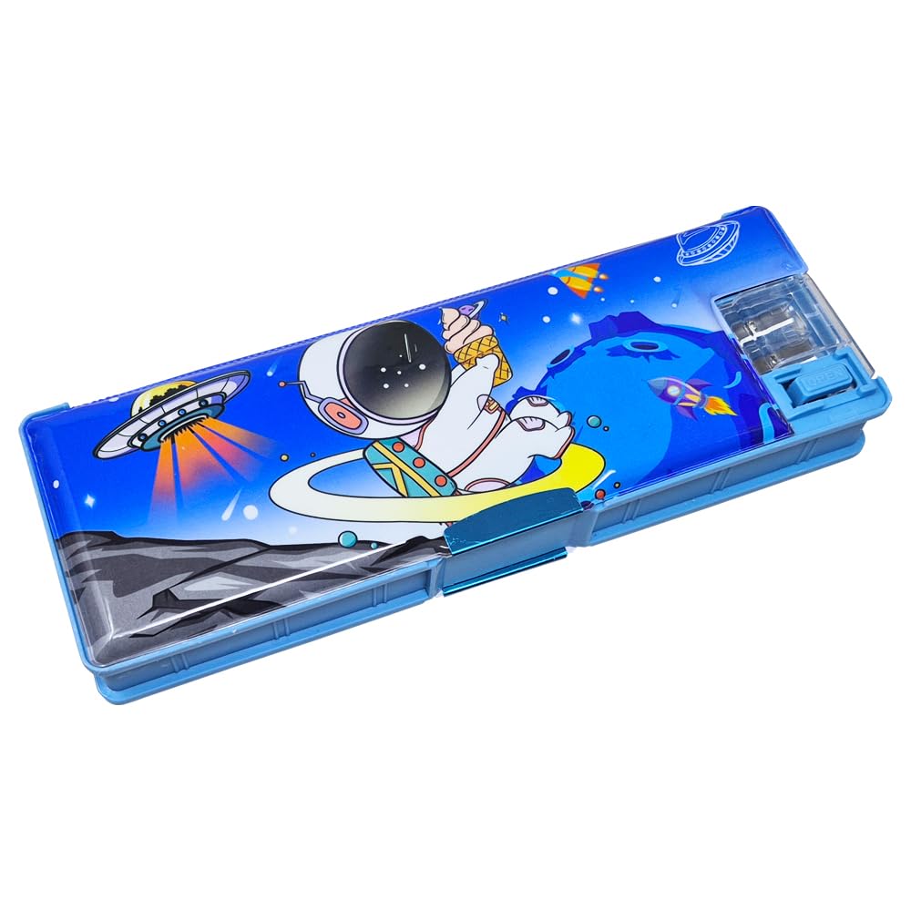 Space Plastic Pencil Box, Inbuilt LED Light with 2 Compartments and Dual Sharpener