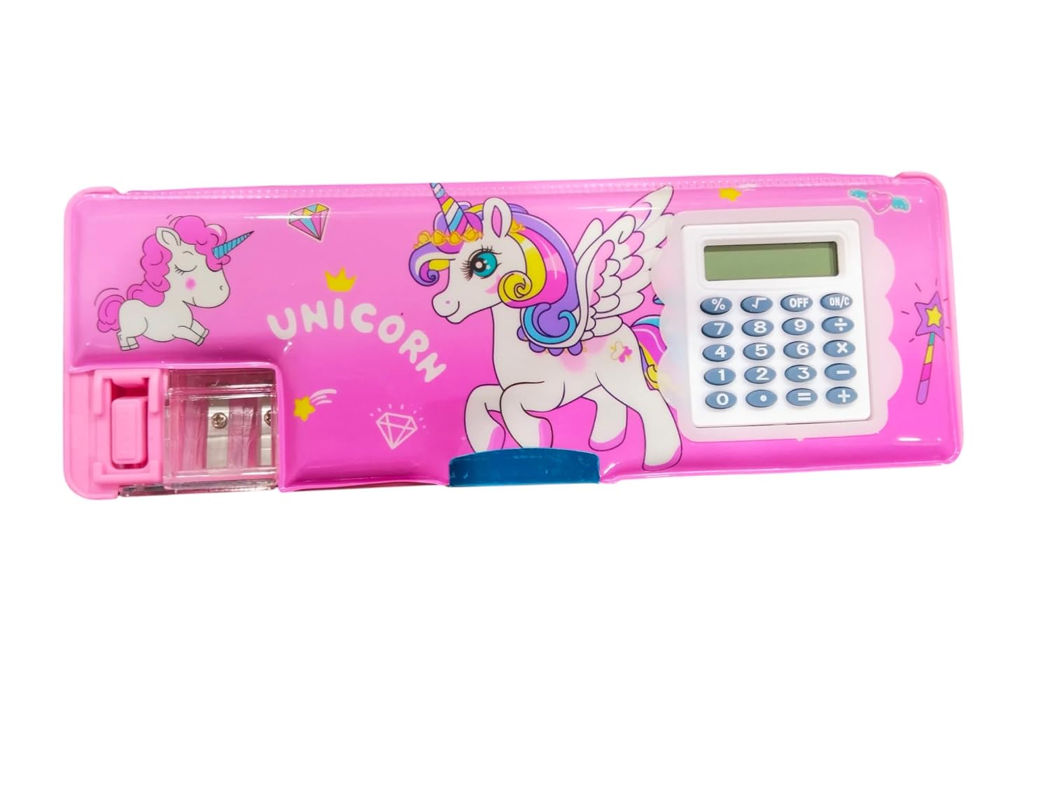 Unicorn Plastic Pencil Box, Inbuilt Calculator with 2 Compartments and Dual Sharpener – image 1