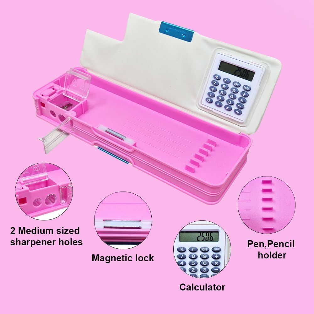Unicorn Plastic Pencil Box, Inbuilt Calculator with 2 Compartments and Dual Sharpener – image 2