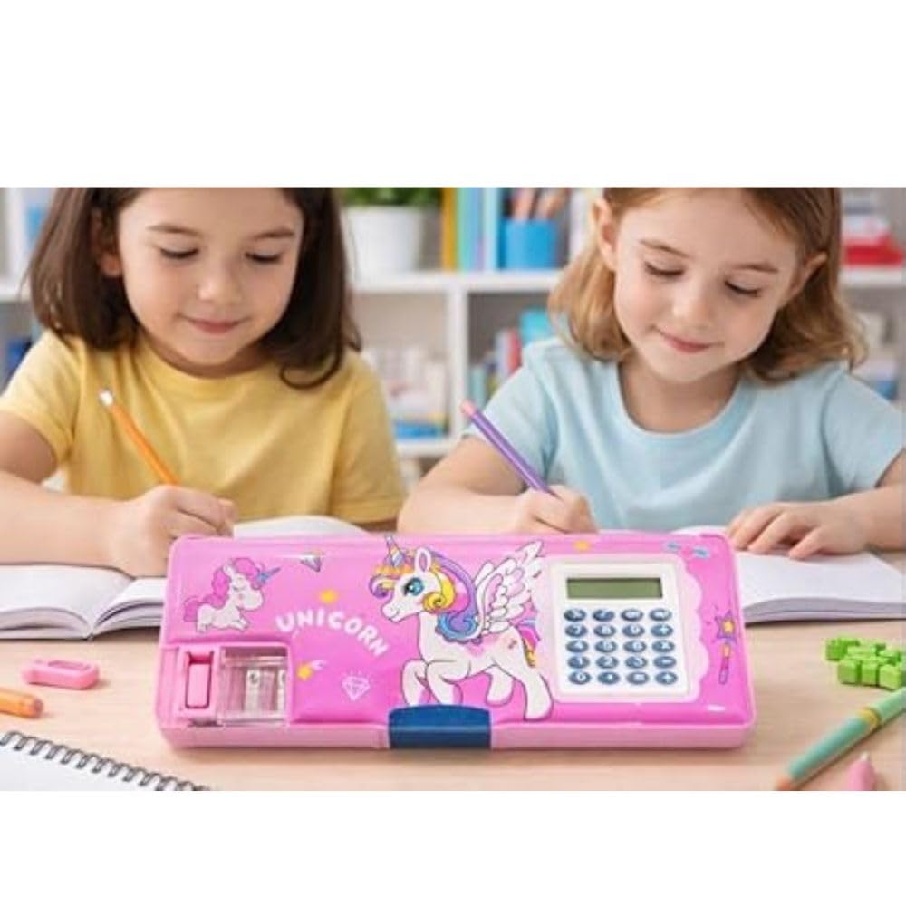 Unicorn Plastic Pencil Box, Inbuilt Calculator with 2 Compartments and Dual Sharpener – image 3