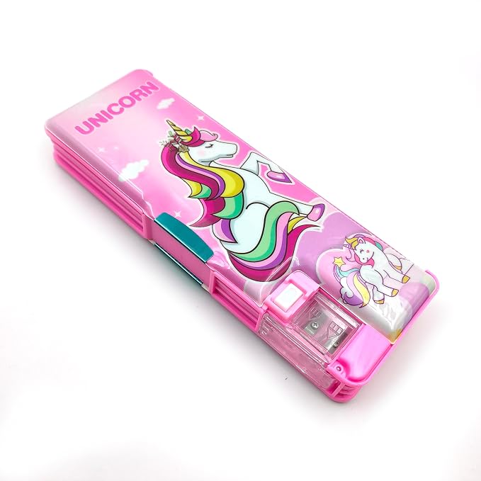 Unicorn Plastic Pencil Box, Inbuilt LED Light with 2 Compartments and Dual Sharpener