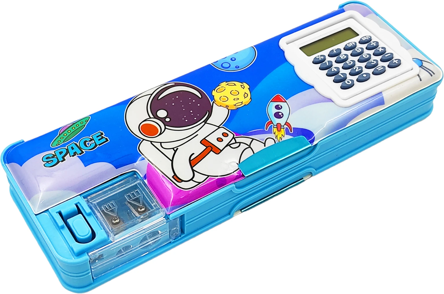 Space Plastic Pencil Box, Inbuilt Calculator with 2 Compartments and Dual Sharpener