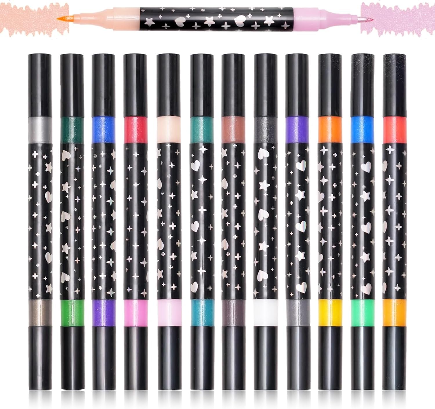 Glitter Markers,12 Pack 24 Colors Dual Tip Brush Glitter Marker