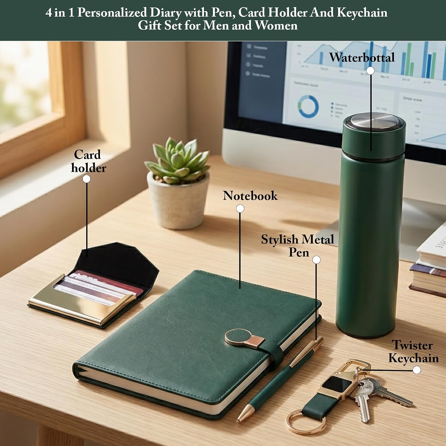 5 in 1 Personalized Diary with Pen, Keychain, Card Holder and Bottle Set for Men and Women Gift – image 3