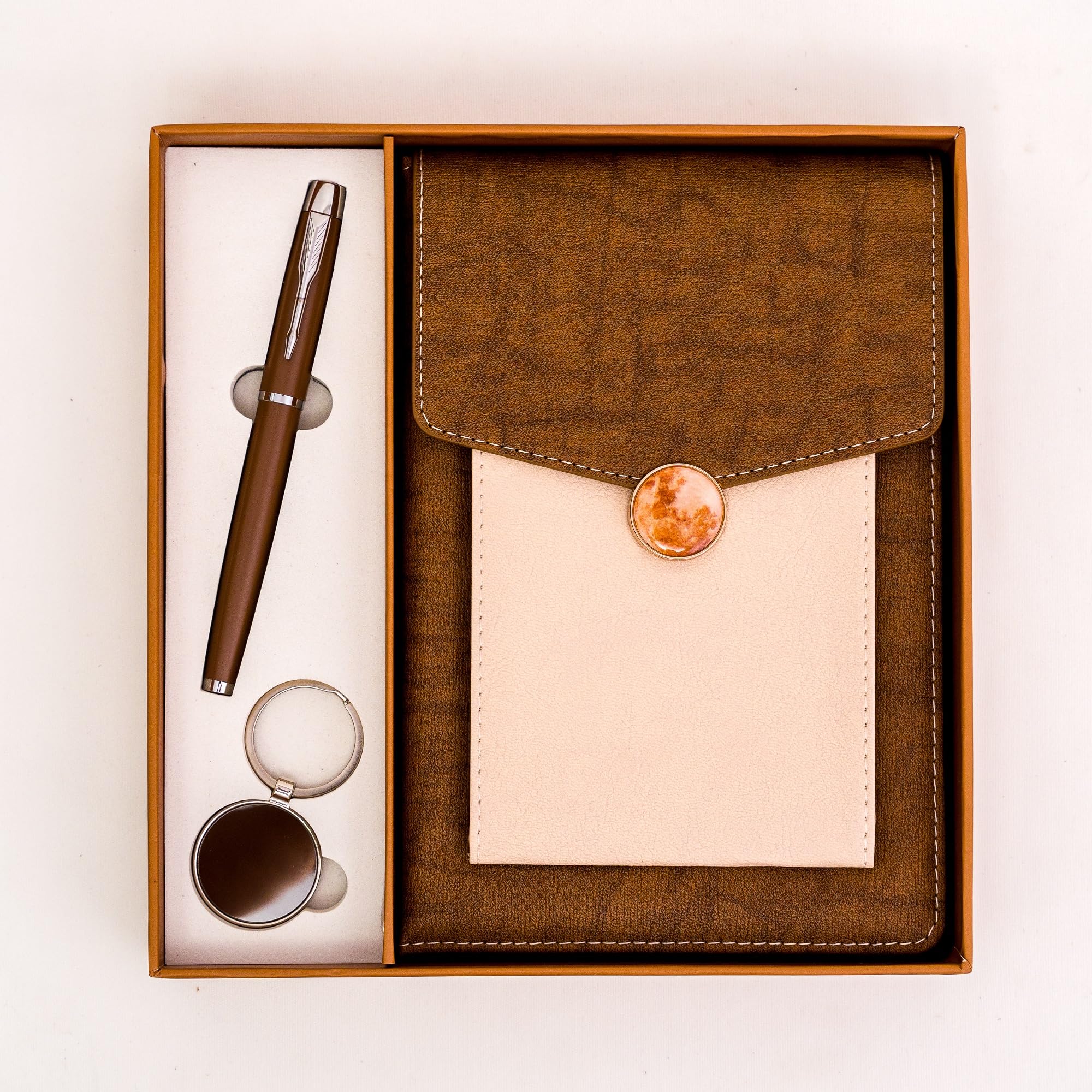 Stationery Gift Set with Diary, Pen and Keychain, 3-Piece Set, Faux Leather Finish, Matching Pen