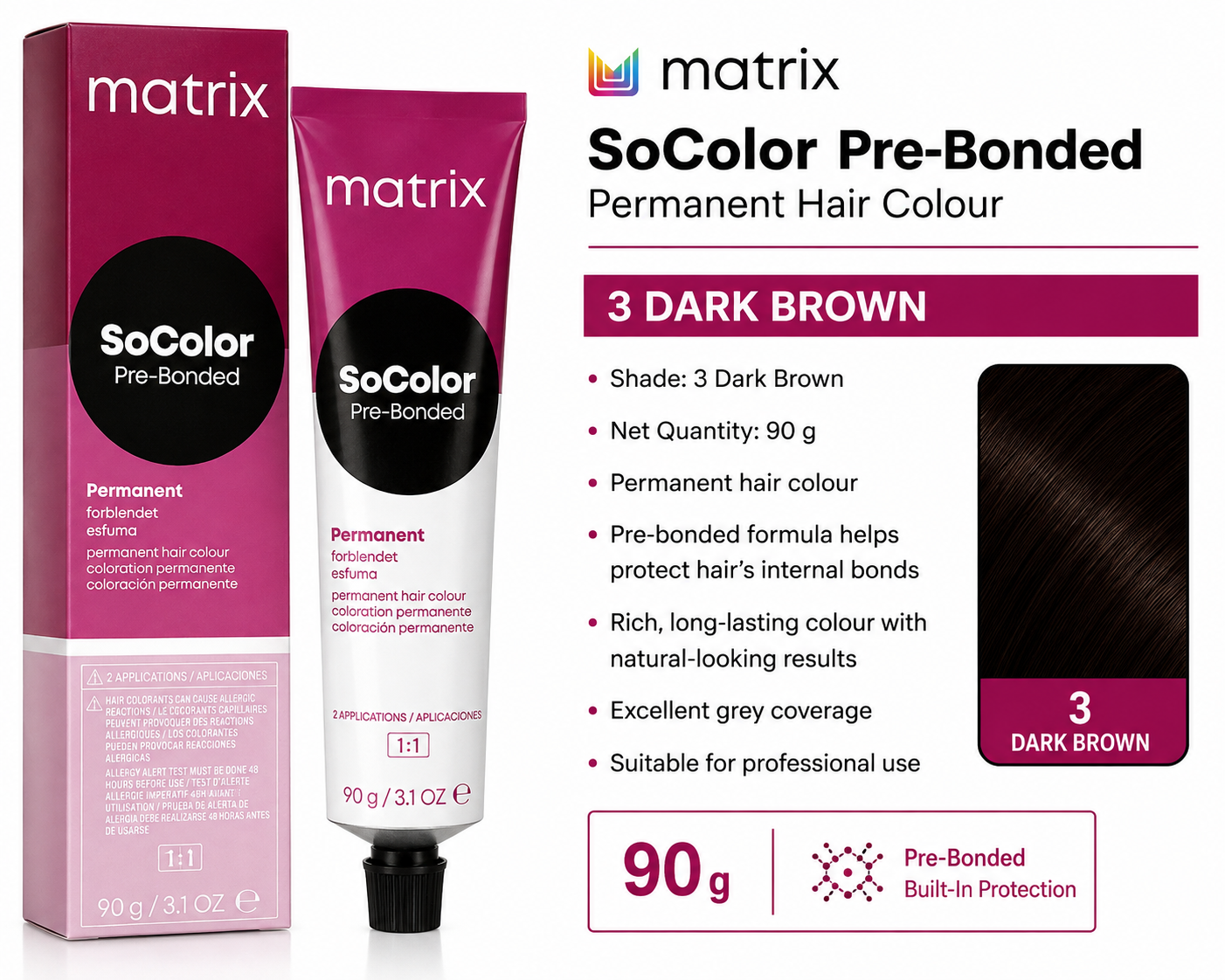 Matrix SoColor Pre-Bonded Permanent Hair Colour – 3 Dark Brown – 90 g