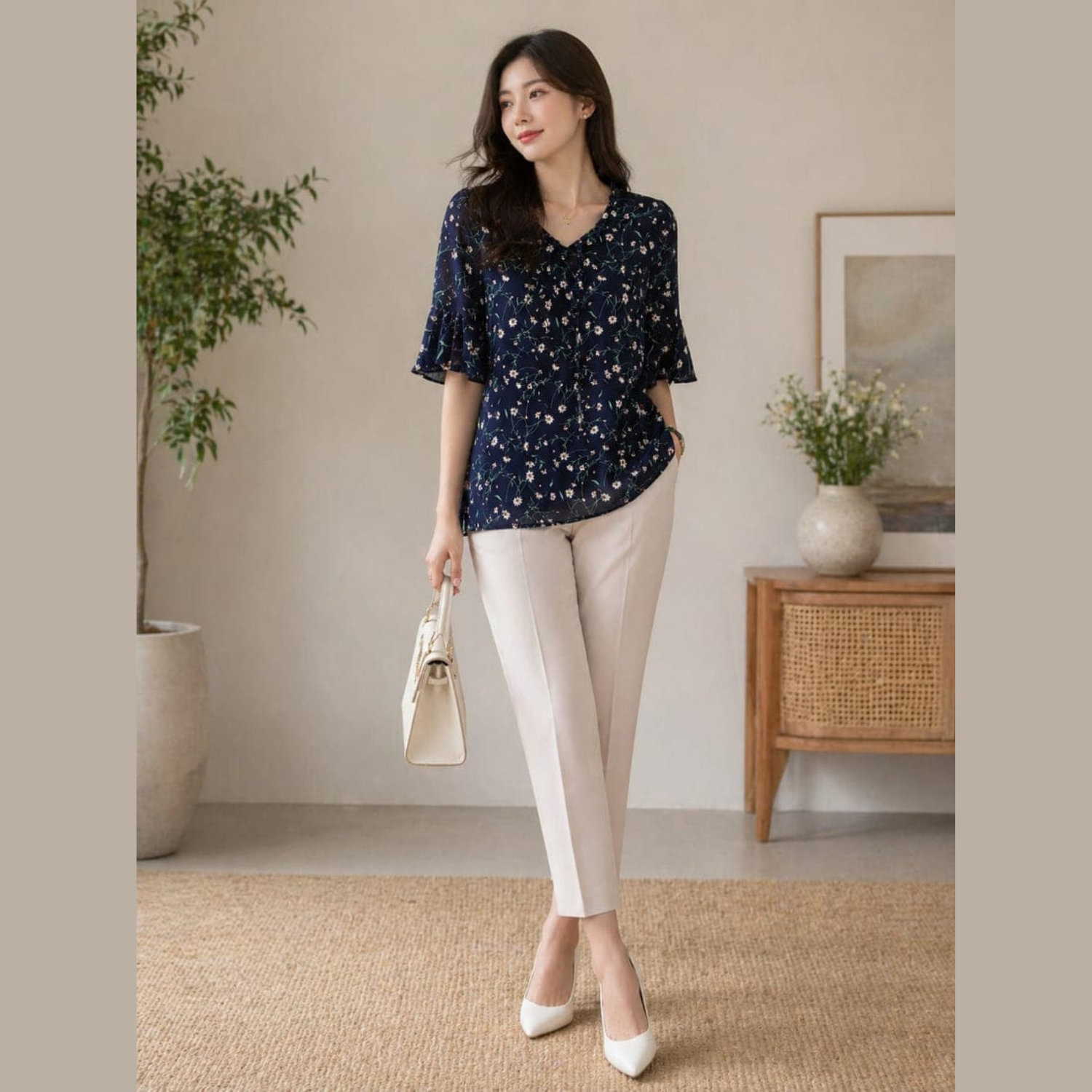 Navy Blossom Top | M | Cotton, chiffon material |Korean & Chinese crop top |