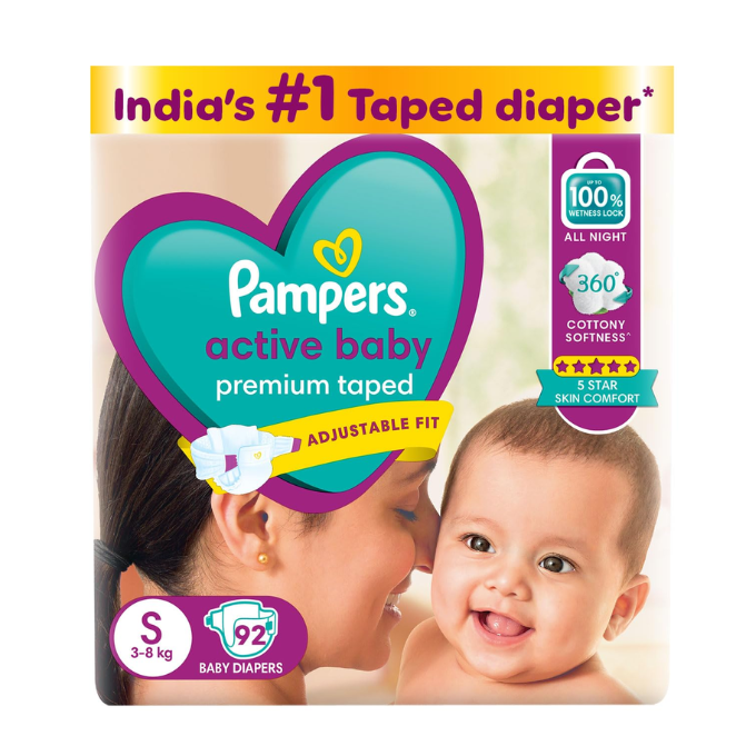  Pampers Active Baby Taped Diapers, Small size diapers, (S) 92 count
