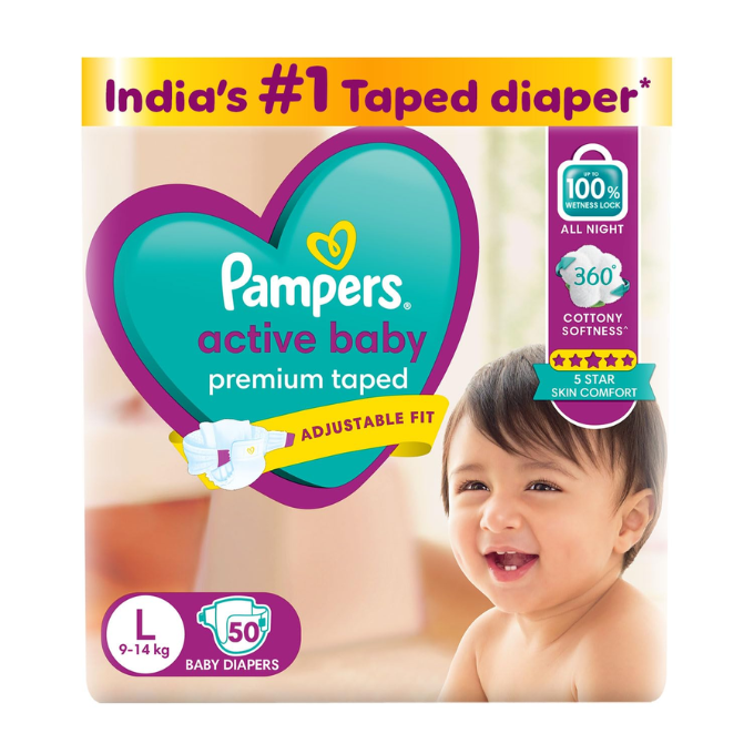 Pampers Active Baby Taped Diapers, Large size diapers, (L) 50 count – image 1