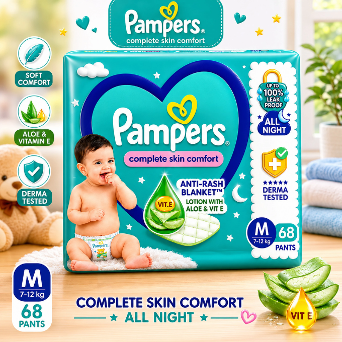 Pampers Lotion With Aloe Medium Size Baby 68 Diaper Pant Diapers - M (68 Pieces)