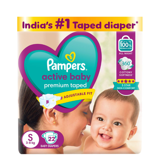  Pampers Active baby Tape Style baby Diapers, Small (S), 22 pcs,