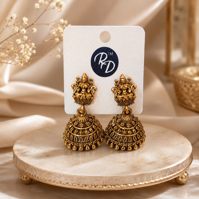 Jhumka (Earrings) - Traditional yet premium Lakshmi-inspired gold Jhumka – image 3