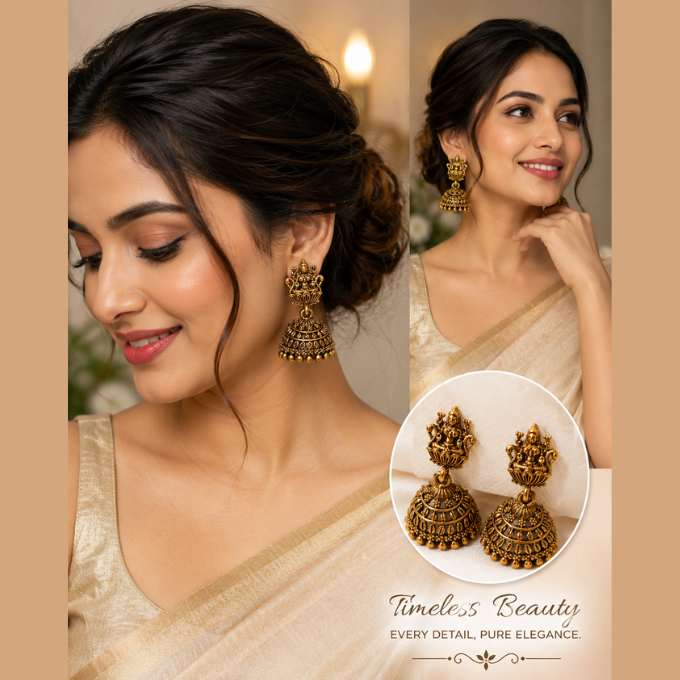 Jhumka (Earrings) - Traditional yet premium Lakshmi-inspired gold Jhumka – image 2
