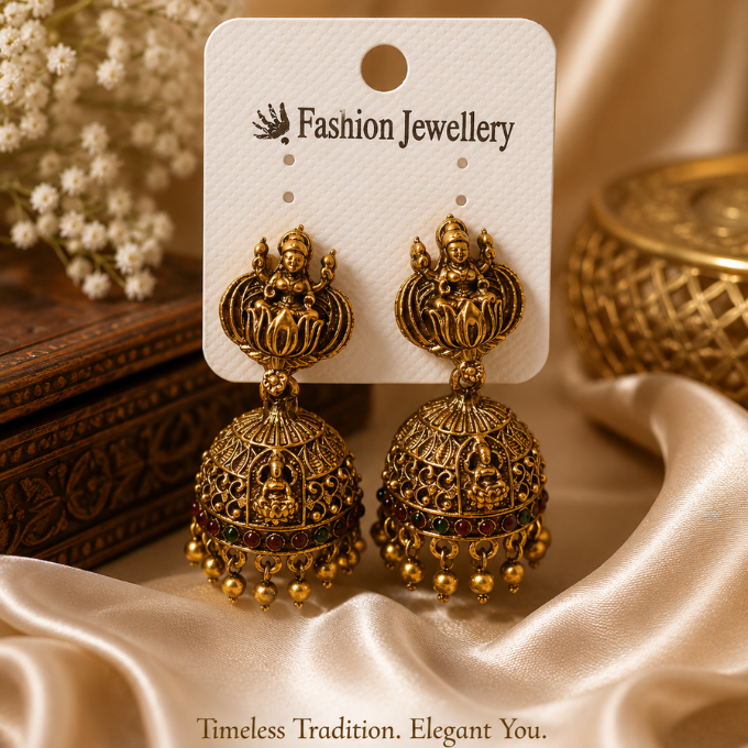  Jhumka (Earrings) - traditional Lakshmi-inspired gold-tone Jhumka