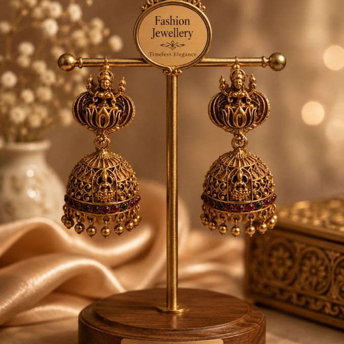  Jhumka (Earrings) - traditional Lakshmi-inspired gold-tone Jhumka – image 2