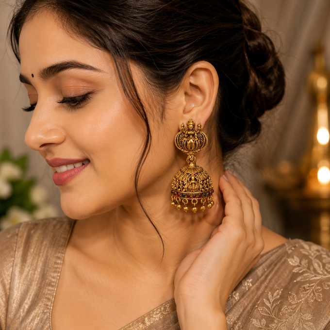  Jhumka (Earrings) - traditional Lakshmi-inspired gold-tone Jhumka – image 3