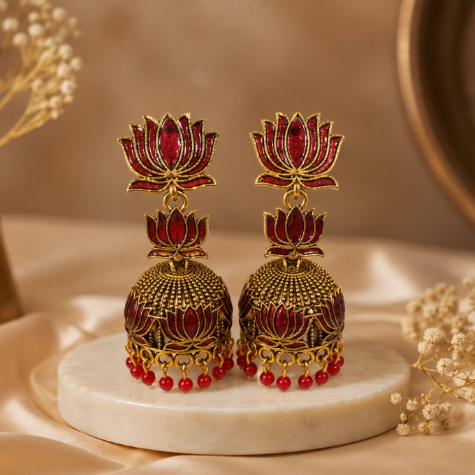 Jhumka ( Earrings) - Lotus Ruby Jhumka – image 1