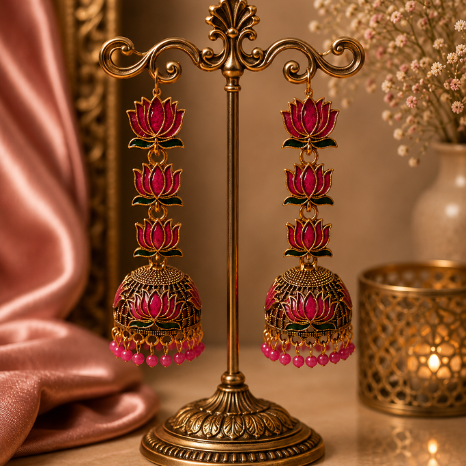 Jhumka (Earring)-  Rosy Lotus Jhumka  – image 2