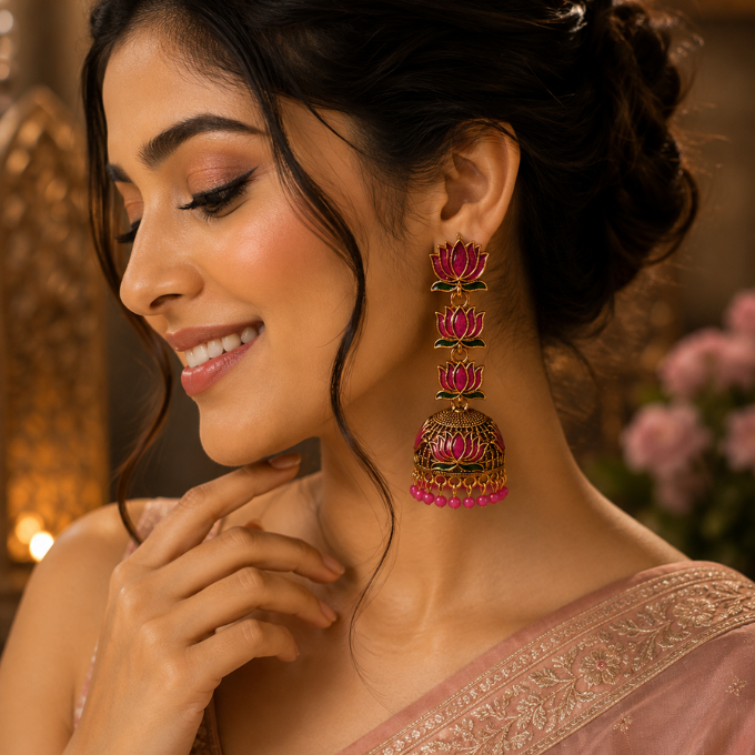Jhumka (Earring)-  Rosy Lotus Jhumka  – image 3