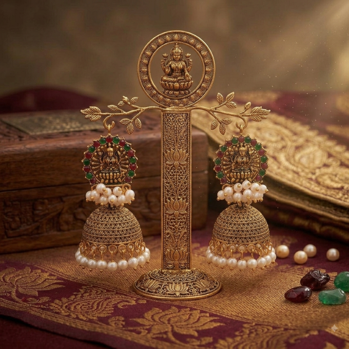 Jhumka (Earrings) - Lakshmi Motif Temple Jhumka – image 3