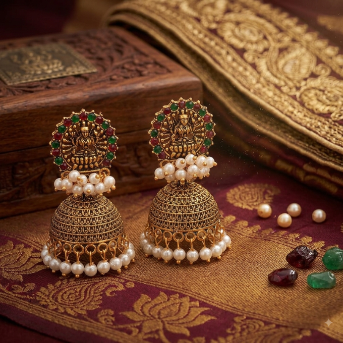 Jhumka (Earrings) - Lakshmi Motif Temple Jhumka