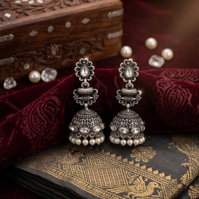Jhumka (Earrings) - Shimmering Kundan Silver Jhumka