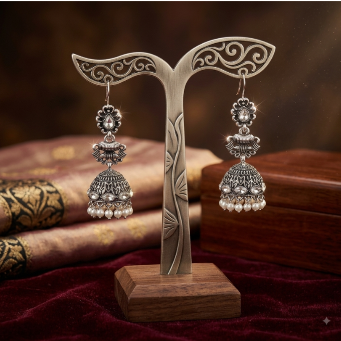 Jhumka (Earrings) - Shimmering Kundan Silver Jhumka – image 2