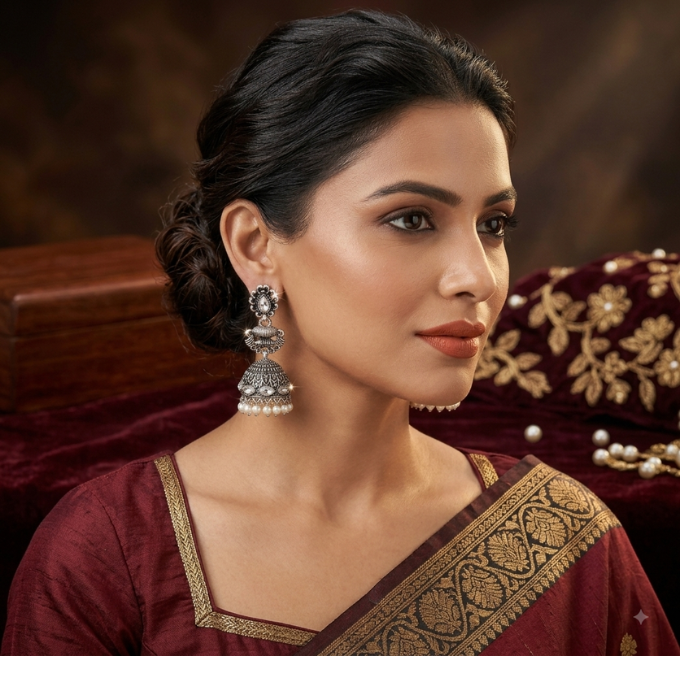 Jhumka (Earrings) - Shimmering Kundan Silver Jhumka – image 3