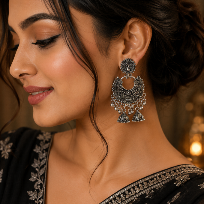 Jhumka (Earrings) - Mayura Oxidized Jhumka – image 3