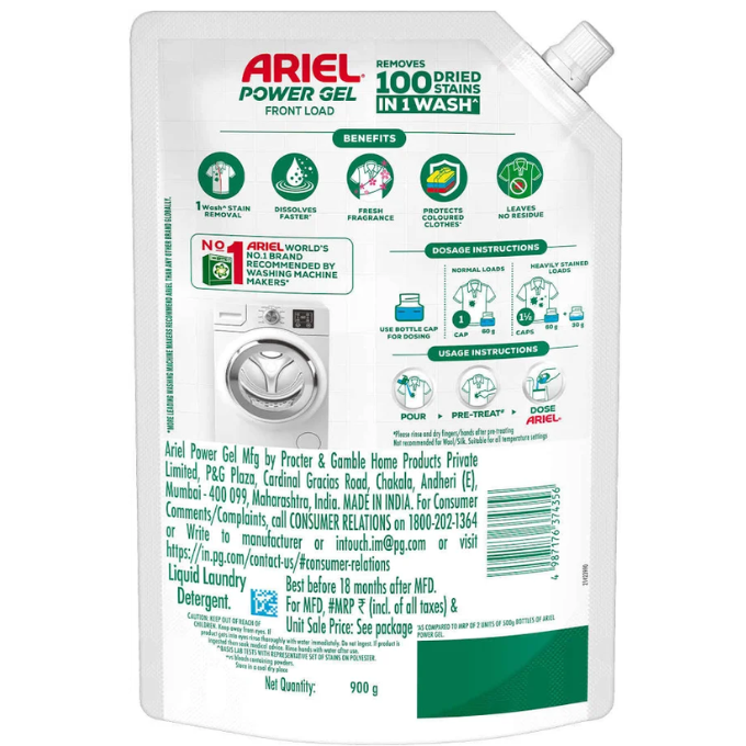 Ariel Power Gel Liquid Detergent for Front Load Washing Machine  Net Qty: 1 pack (900 g) – image 2