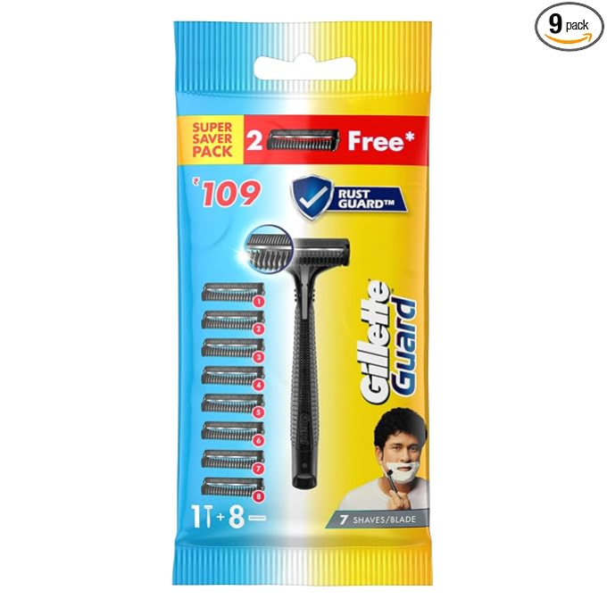 Gillette Men Guard Manual Shaving Razor Blades - 8 Cartridges 1 Razor