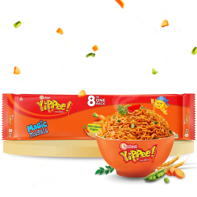 Sunfeast YiPPee! Magic Masala, Long, Non-Sticky Instant Noodles | 8 in 1 Pack 480g/560g