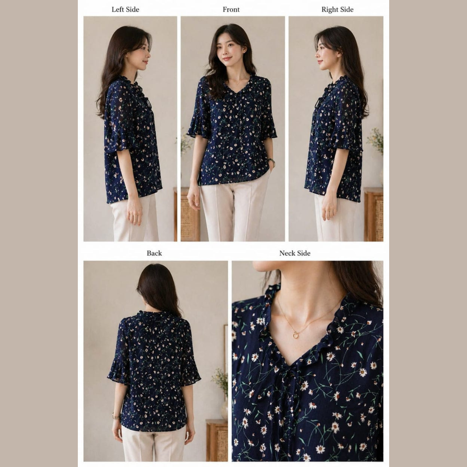 Navy Blossom Top | M | Cotton, chiffon material |Korean & Chinese crop top | – image 2