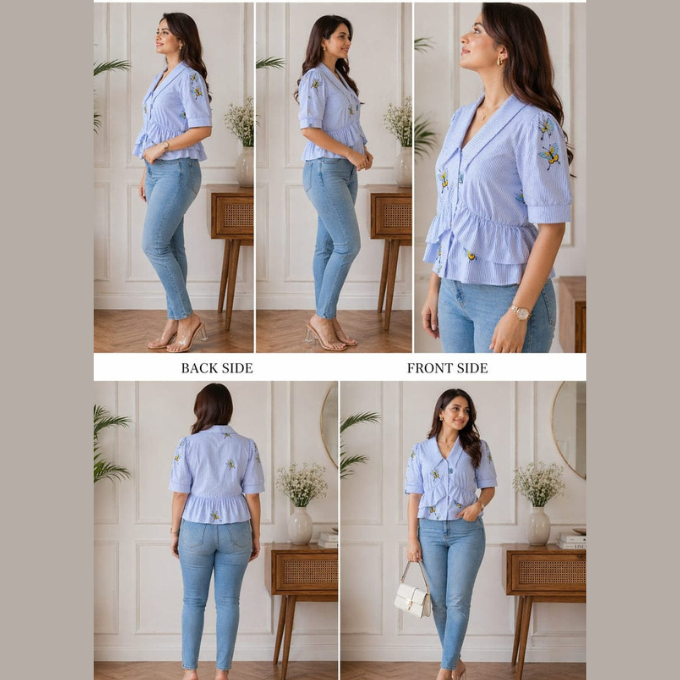 Blue Blossom Peplum Top | M | Soft cotton material | korean & chinese crop top – image 2