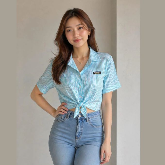 Girls Sky Blue Striped Tie-Front Crop Shirt | XL | Cotton material | Korean & chinese crop top | – image 1