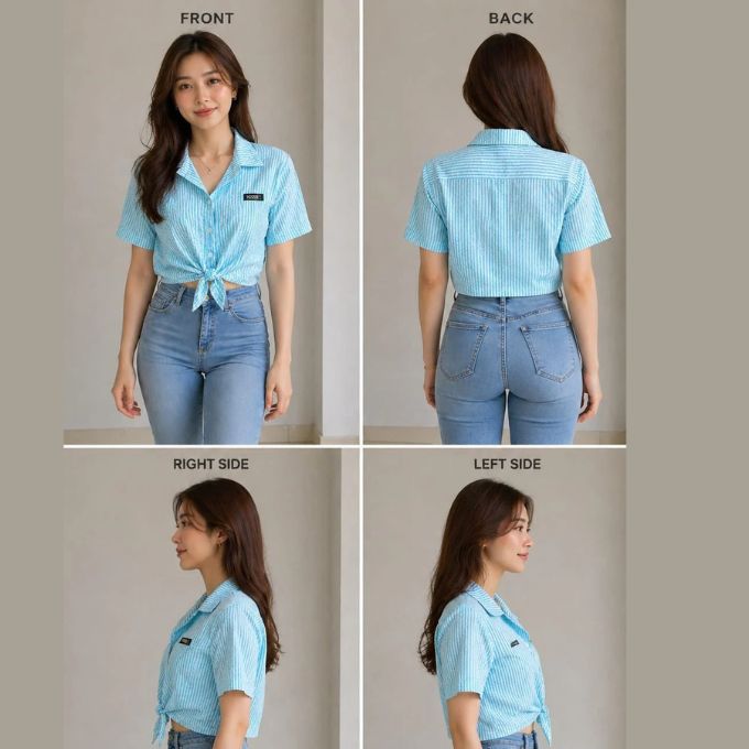 Girls Sky Blue Striped Tie-Front Crop Shirt | XL | Cotton material | Korean & chinese crop top | – image 2
