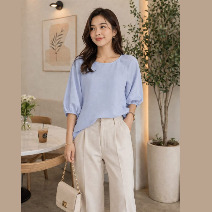 Elegant Light Blue Puff Sleeve top |XL |Korean & chinese crop top | soft silk material |