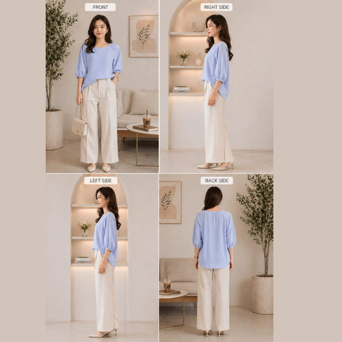 Elegant Light Blue Puff Sleeve top |XL |Korean & chinese crop top | soft silk material | – image 2