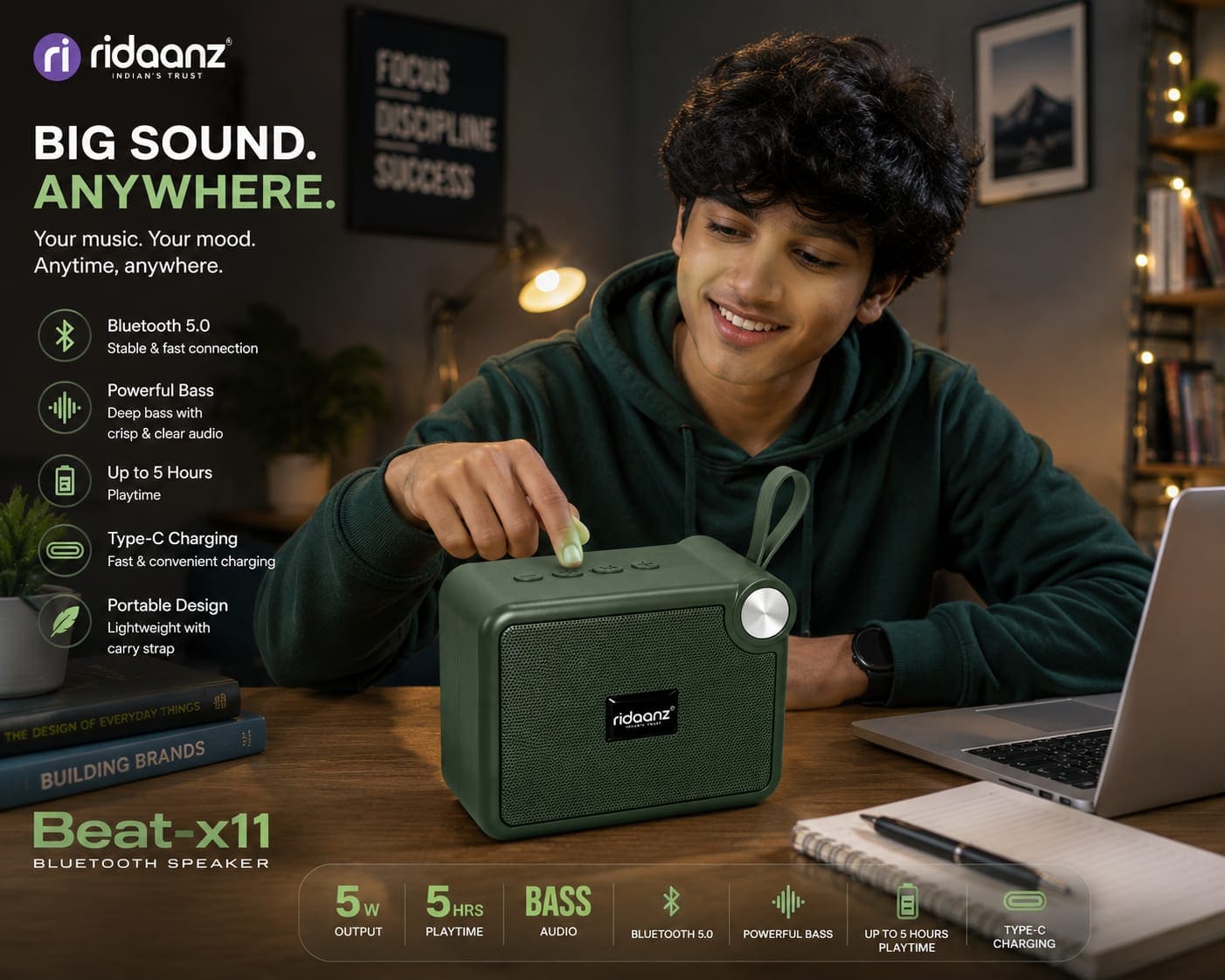 Ridaanz Portable Wireless Bluetooth Speaker with Carry Loop – image 6