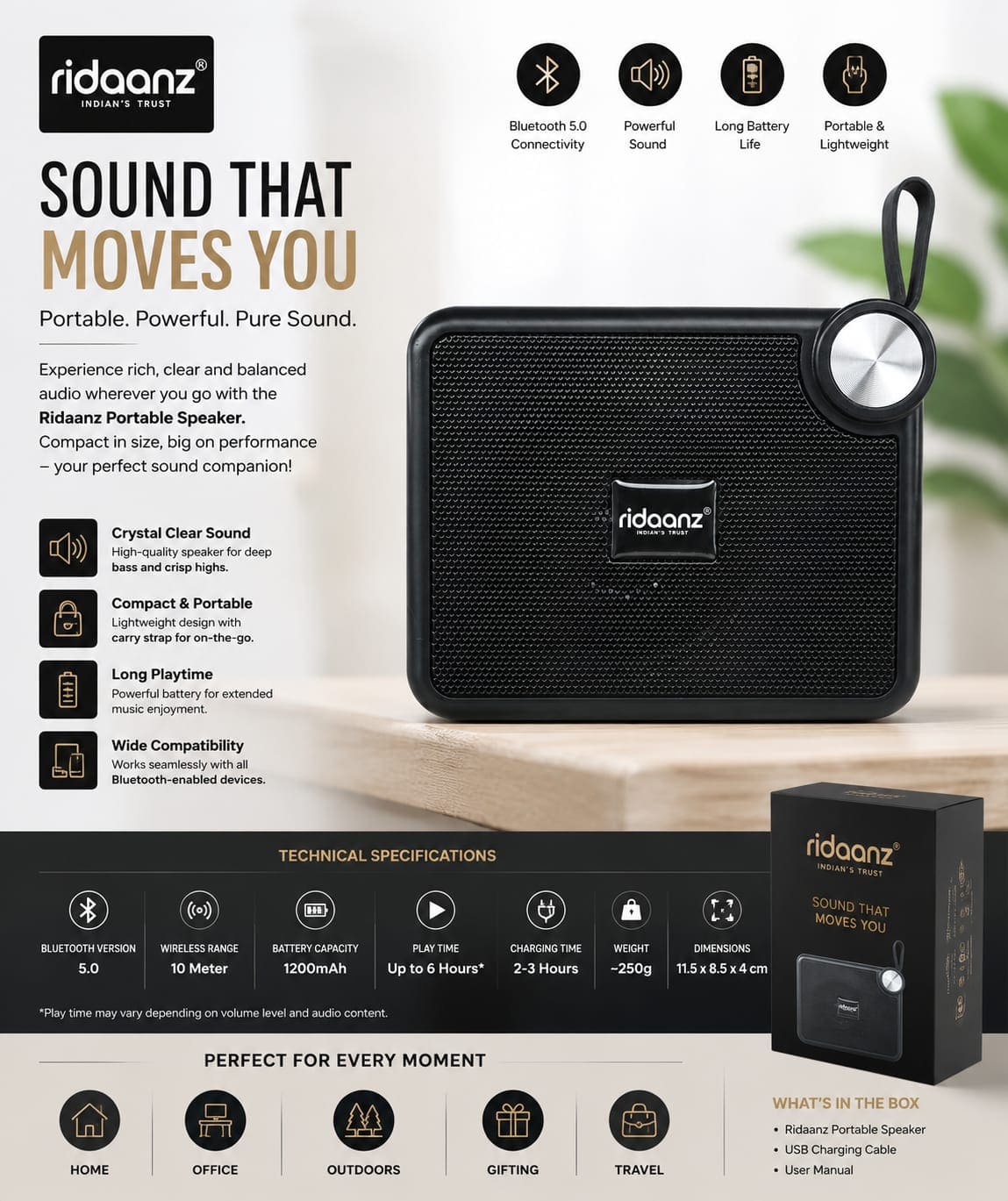 Ridaanz Portable Wireless Bluetooth Speaker with Carry Loop – image 3