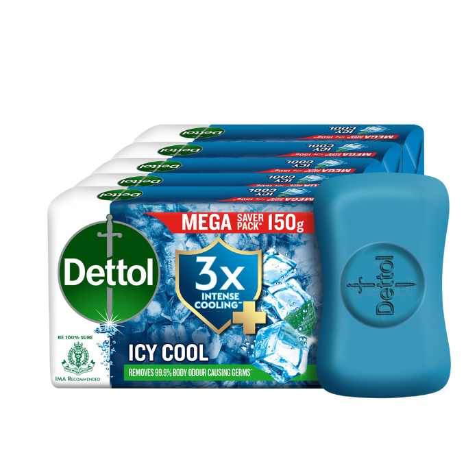 Dettol Icy Cool Bathing Soap Bar With 3x intense cooling (750gm), 150gm - Pack of 5