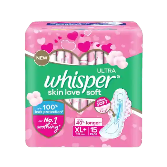 Whisper Ultra Skin Love Soft Sanitary Pads, 15 XL Pads, Cottony – image 1