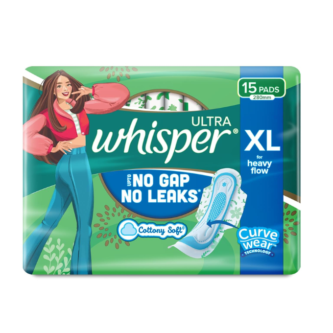 Whisper Ultra Upto No Gap No Leaks* Sanitary Pads, 15 XL Pads, 