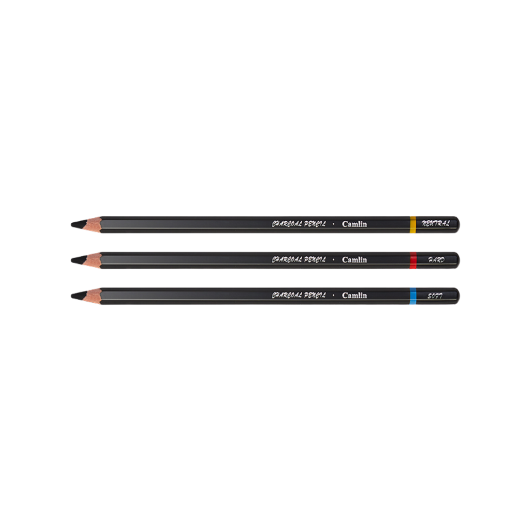 Camlin Charcoal Pencil - 3 pcs ( Hard , Medium Soft ) / Dark Drawing pencils 